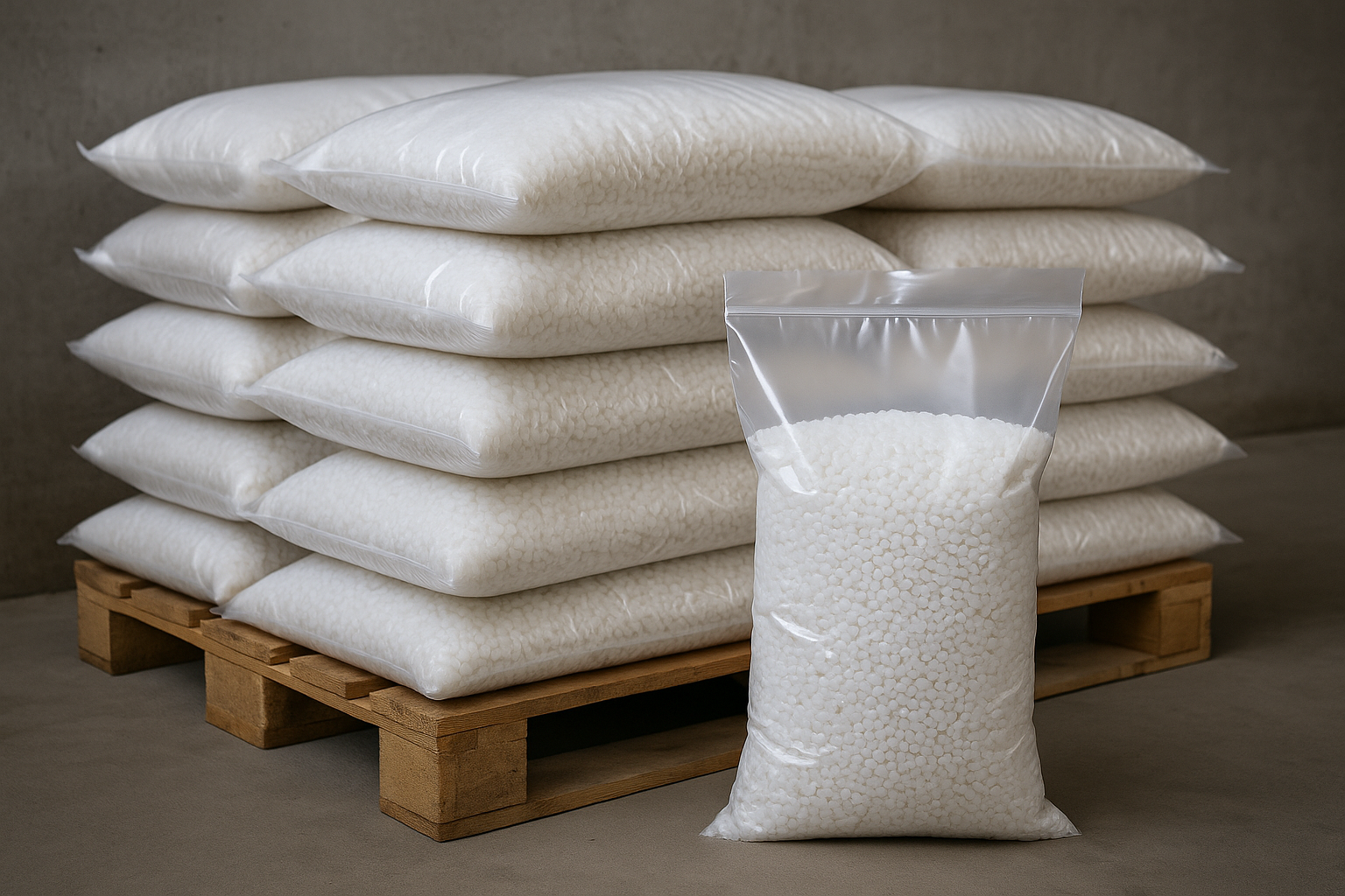 Skaidrūs LDPE maišai granulėms, sandariai užlydyti ir sudėti ant paletės pramoniniam pakavimui