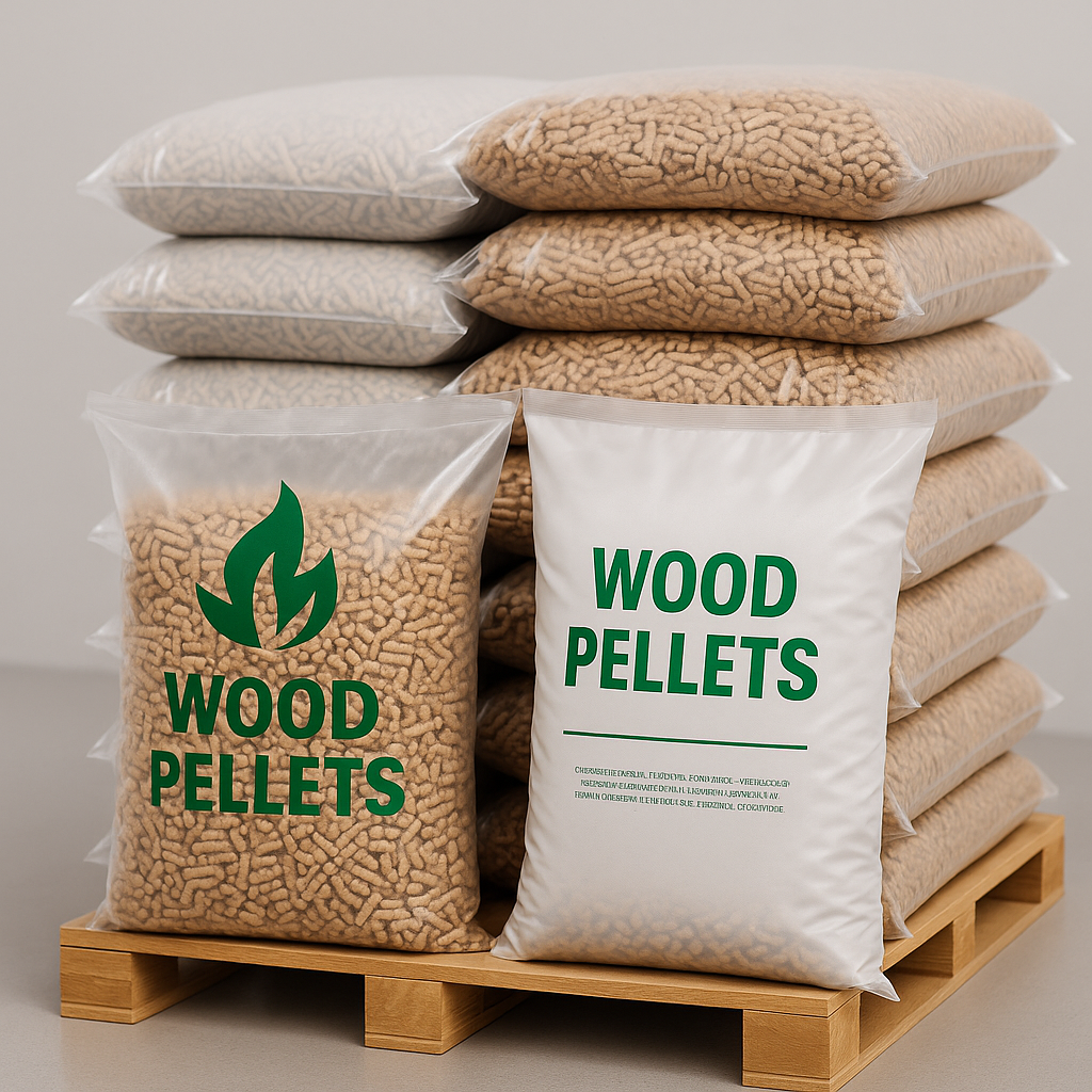 Maišai medžio granulėms ant padėklo – skaidrūs ir su logotipu, užlydyti, pripildyti šviesiai rudų granulių, sandėlio aplinkoje