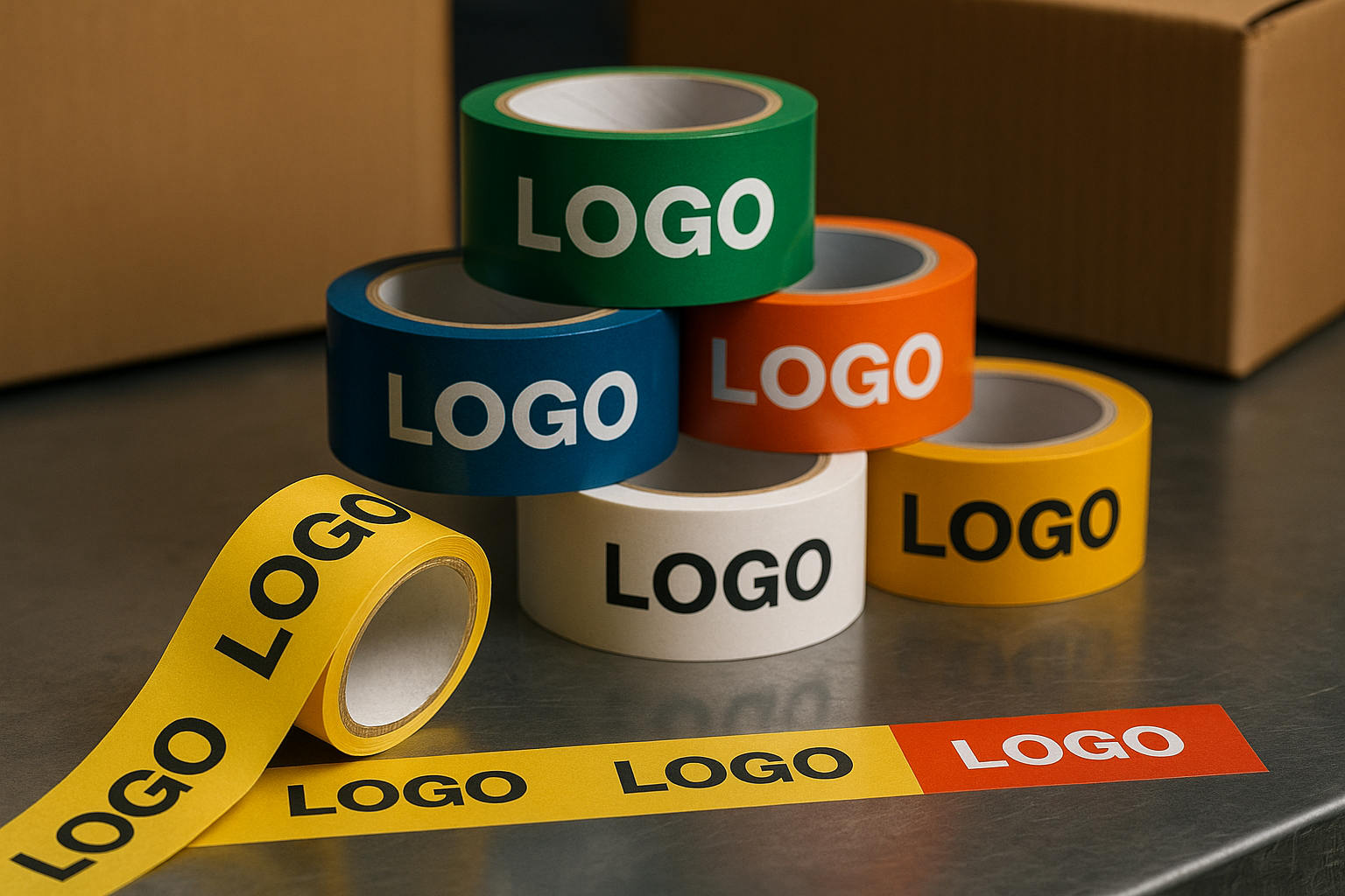 PVC lipni juosta dėžėms klijuoti su logotipu ir užrašais