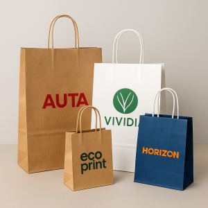 ersonalizuoti popieriniai maišeliai su logotipais – įvairių dydžių ir spalvų