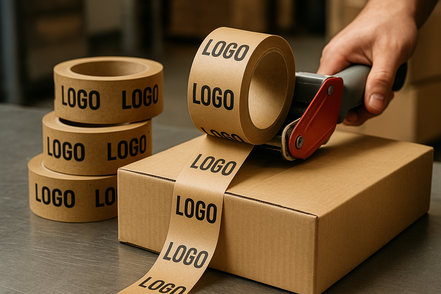 Lipni popierinė juosta dėžėms klijuoti su logotipu