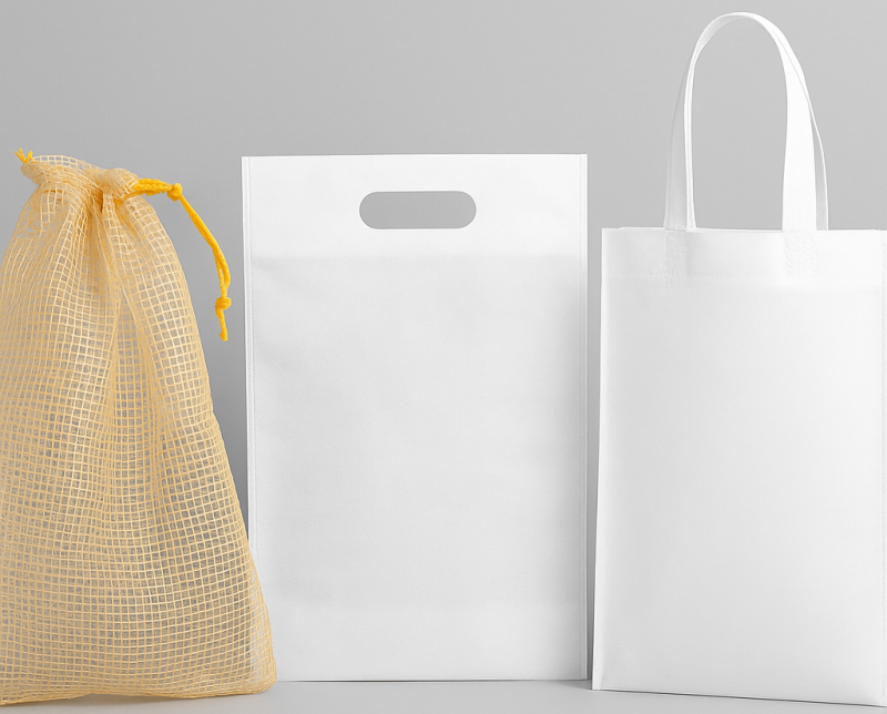 eaustinės medžiagos baltas maišelis su ovalia kirstine rankena, tinklinis maišas bulvėms, austinis smėlio spalvos daugkartinis maišelis